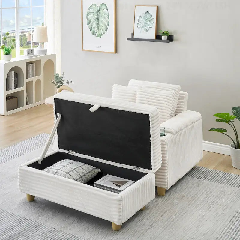 Canapé confortable en velours côtelé avec plusieurs coussins et options de rangement