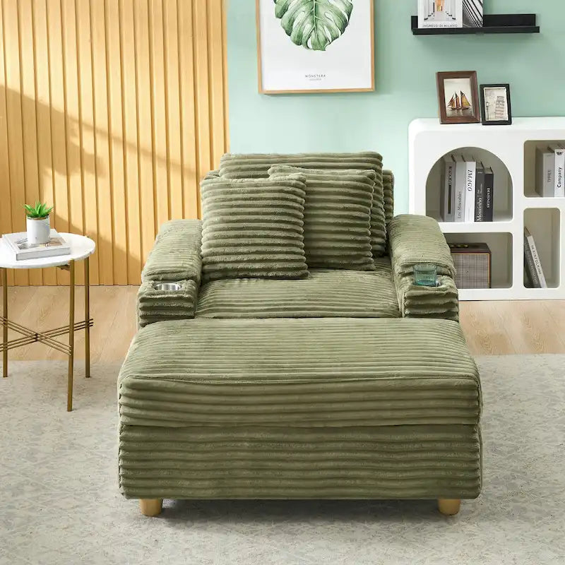 Canapé confortable en velours côtelé avec plusieurs coussins et options de rangement