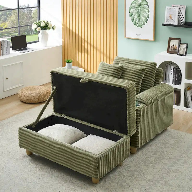 Canapé confortable en velours côtelé avec plusieurs coussins et options de rangement