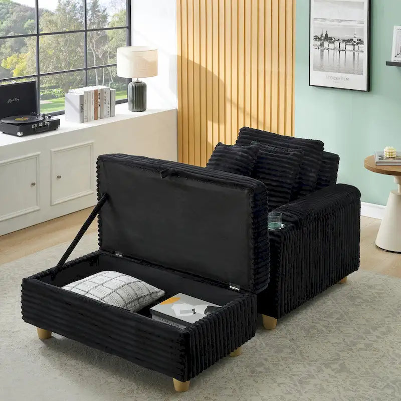 Canapé confortable en velours côtelé avec plusieurs coussins et options de rangement