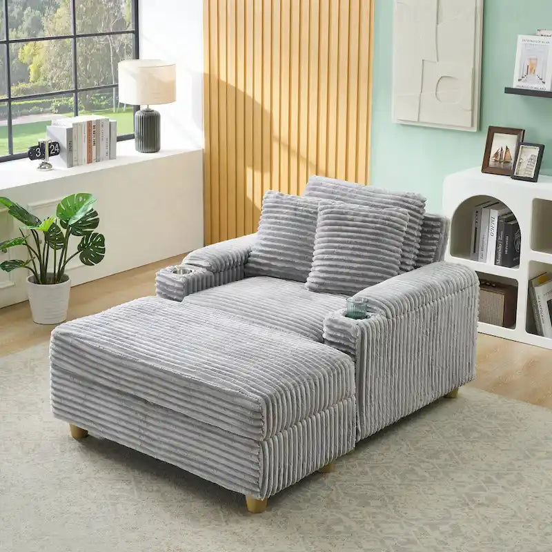 Canapé confortable en velours côtelé avec plusieurs coussins et options de rangement