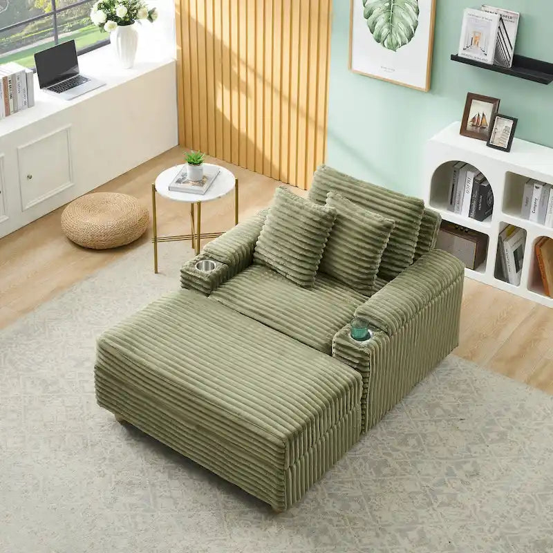 Canapé confortable en velours côtelé avec plusieurs coussins et options de rangement
