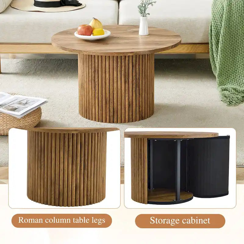 Table basse ronde moderne avec pieds cylindriques Table centrale en bois avec espace de rangement dissimulé Table basse de salon