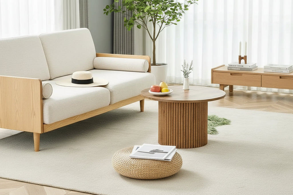 Table basse ronde moderne avec pieds cylindriques Table centrale en bois avec espace de rangement dissimulé Table basse de salon