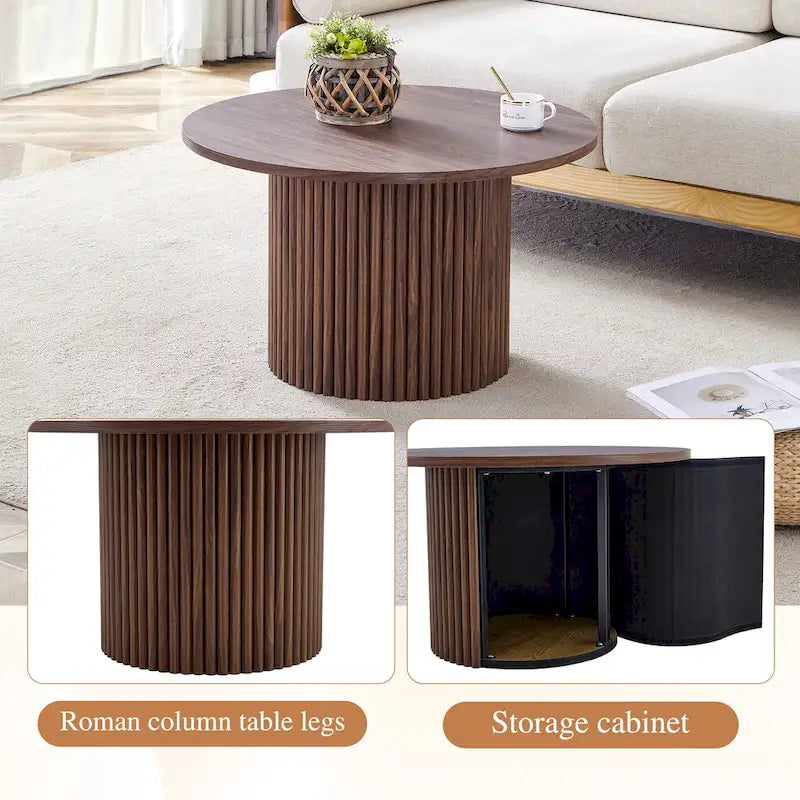 Table basse ronde moderne avec pieds cylindriques Table centrale en bois avec espace de rangement dissimulé Table basse de salon