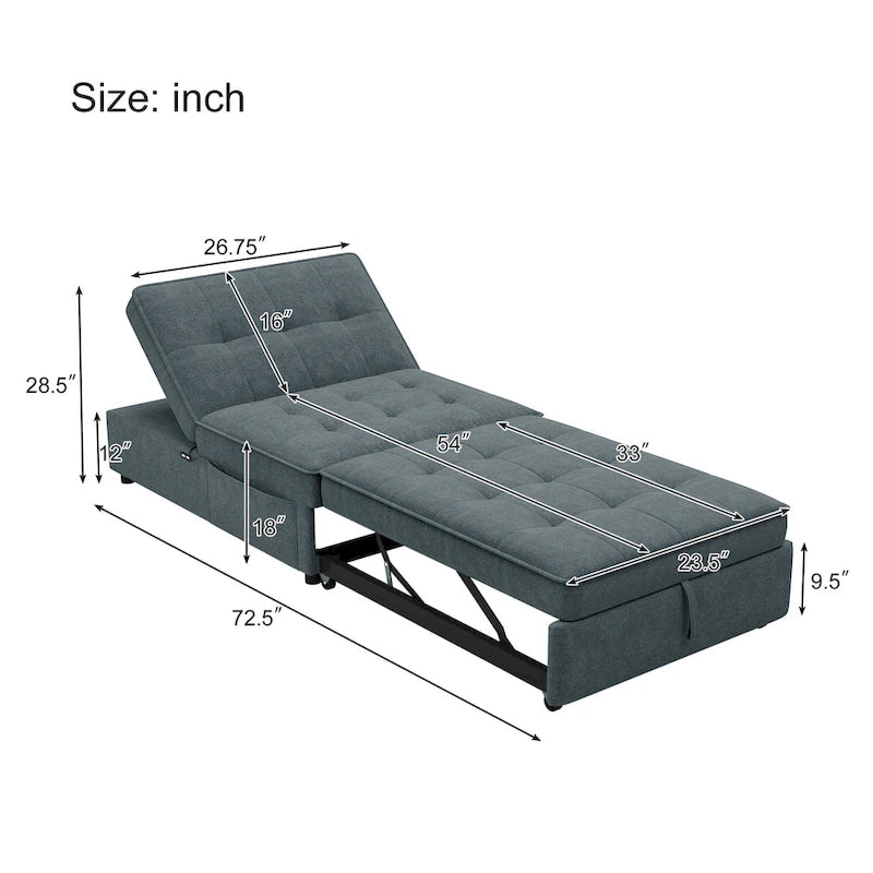 Canapé convertible 3 places 4-en-1 en lin 72,5" avec dossier réglable sur 5 niveaux et poche de rangement