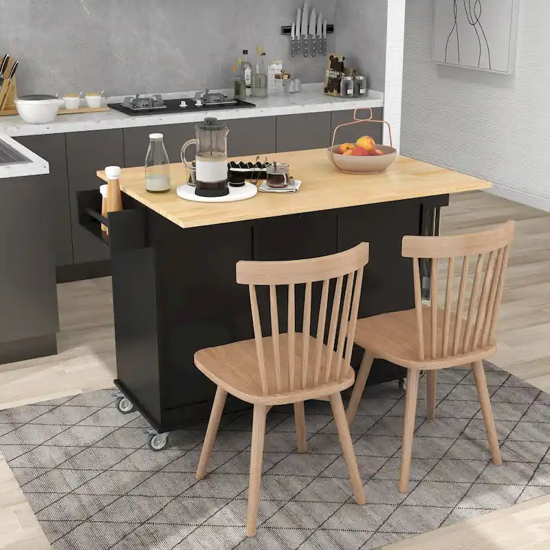 Îlot de cuisine mobile roulant avec plateau en bois massif, roues verrouillables et options de rangement