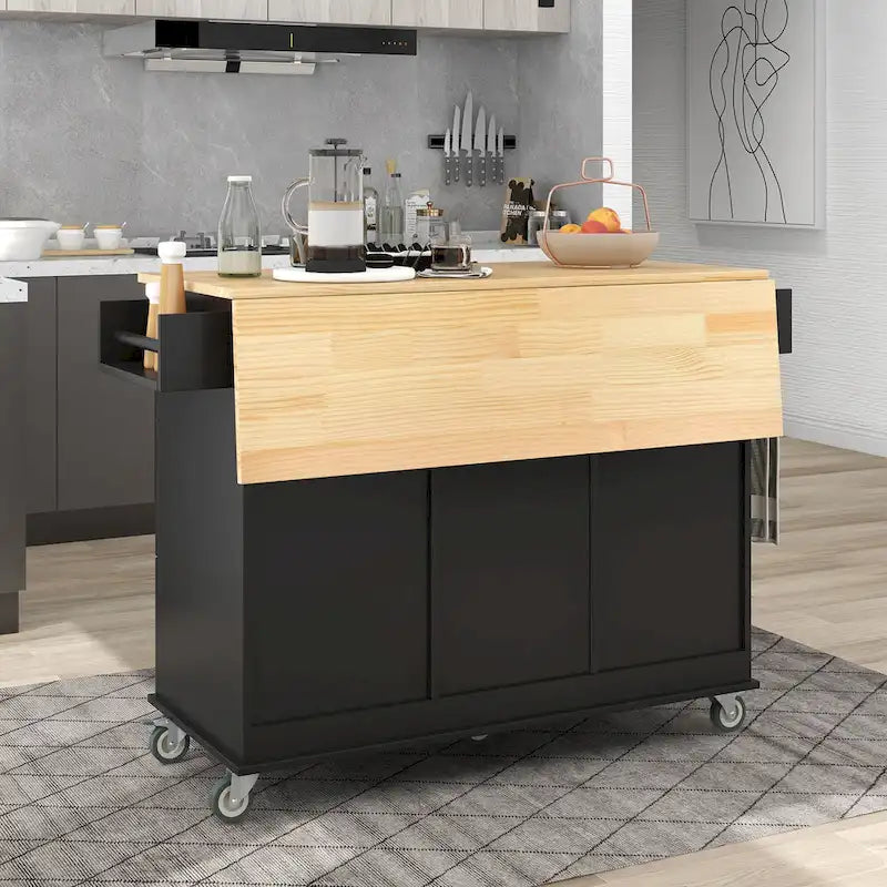 Îlot de cuisine mobile roulant avec plateau en bois massif, roues verrouillables et options de rangement