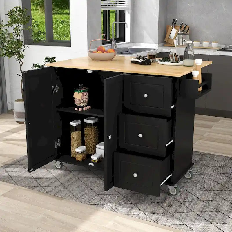 Îlot de cuisine mobile roulant avec plateau en bois massif, roues verrouillables et options de rangement