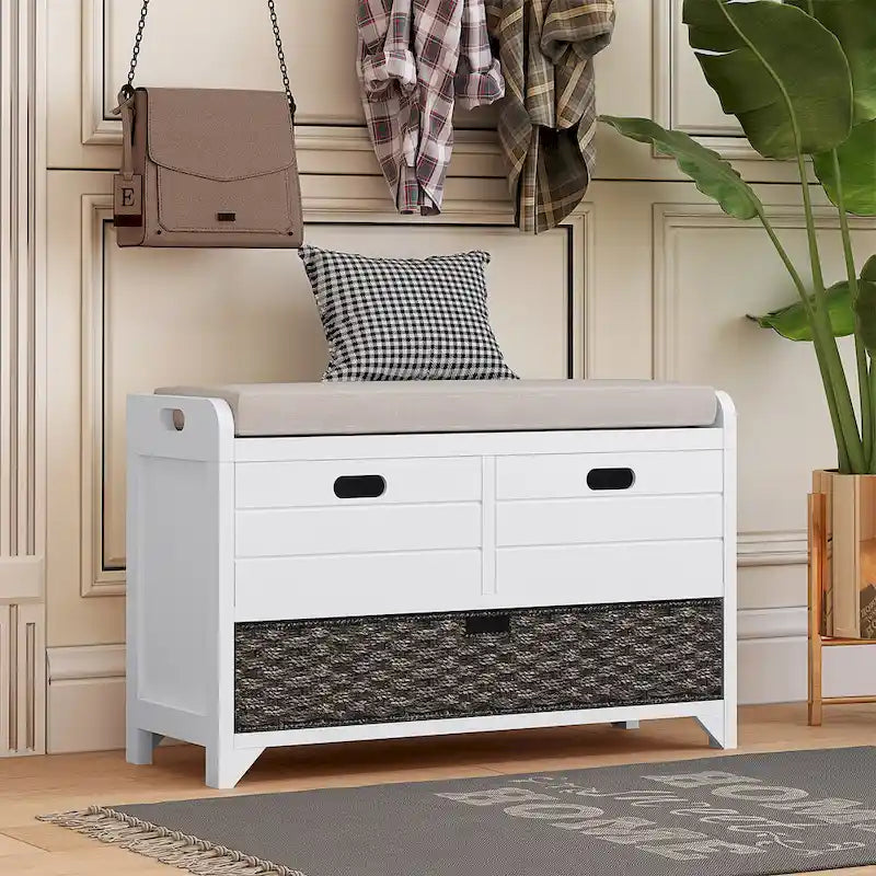 Banc de rangement avec panier amovible et 2 tiroirs