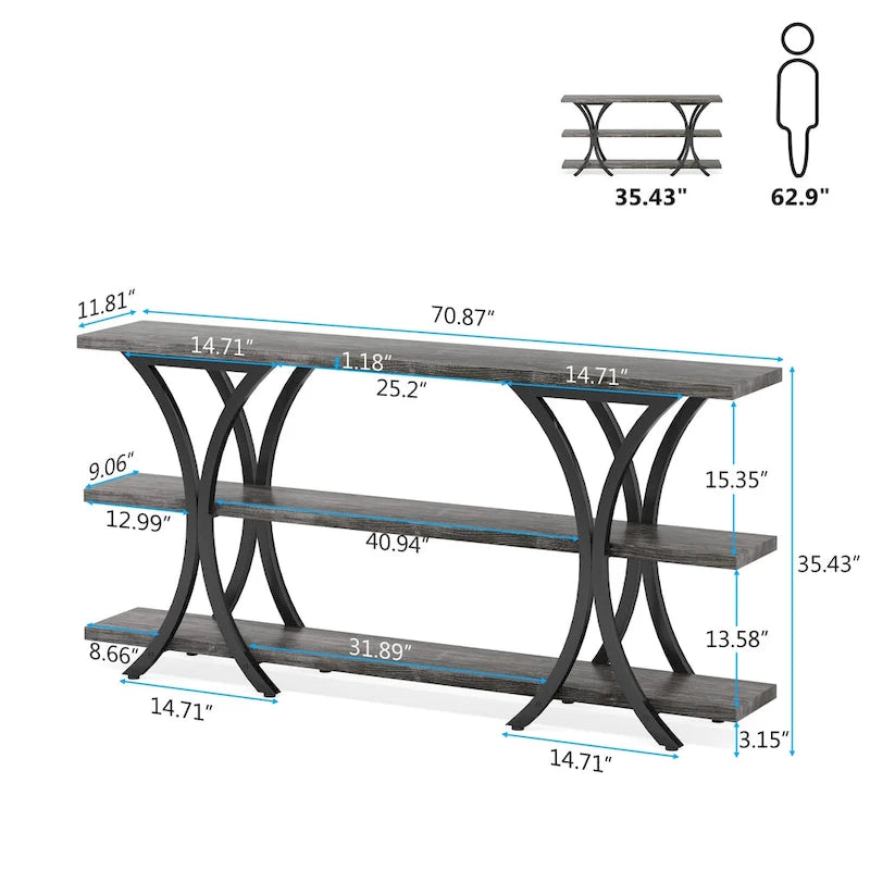 Console étroite de 180 cm avec 3 étagères