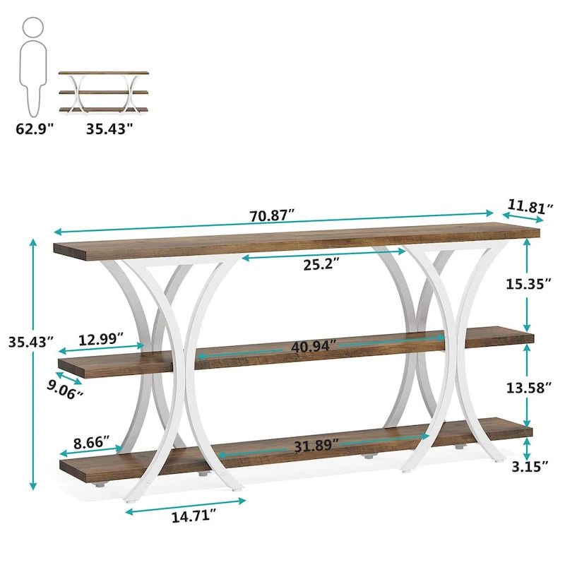 Console étroite de 180 cm avec 3 étagères