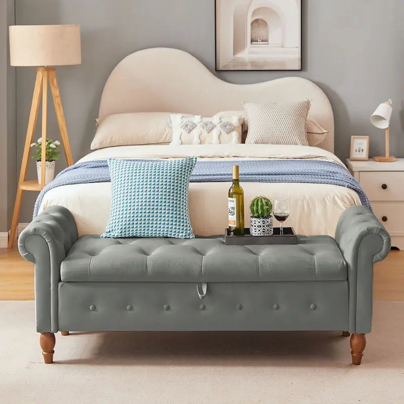 Banc de rangement capitonné 63 pouces, grand banc de rangement ottoman touffeté avec boutons pour le bout du lit de chambre, banc avec accoudoirs roulés