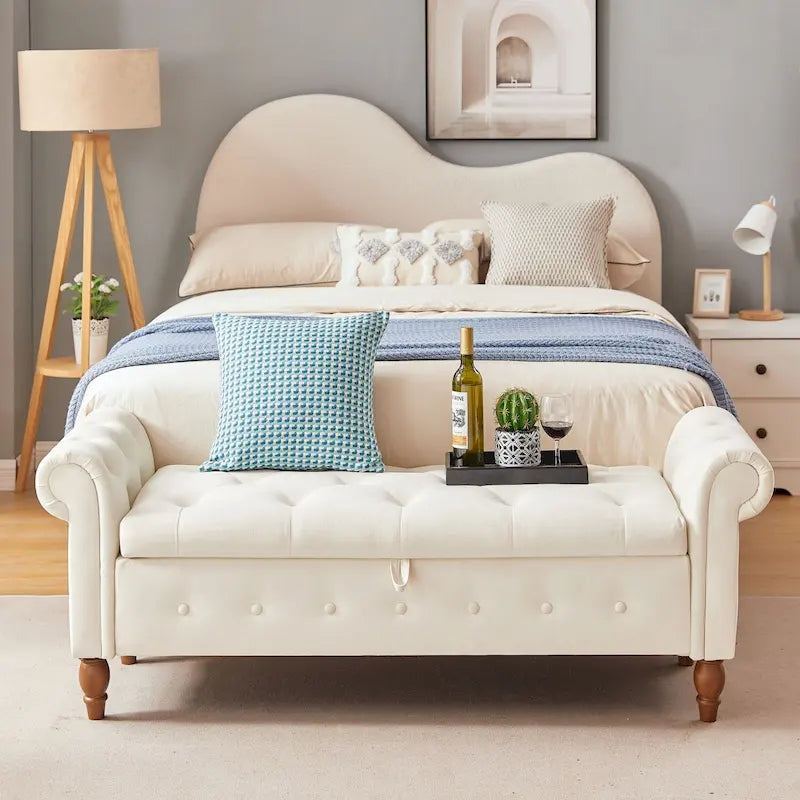 Banc de rangement capitonné 63 pouces, grand banc de rangement ottoman touffeté avec boutons pour le bout du lit de chambre, banc avec accoudoirs roulés