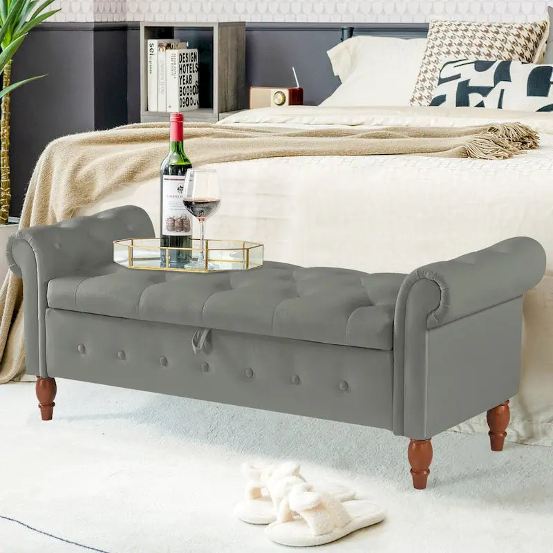 Banc de rangement capitonné 63 pouces, grand banc de rangement ottoman touffeté avec boutons pour le bout du lit de chambre, banc avec accoudoirs roulés