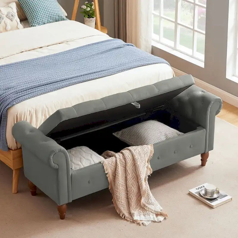 Banc de rangement capitonné 63 pouces, grand banc de rangement ottoman touffeté avec boutons pour le bout du lit de chambre, banc avec accoudoirs roulés