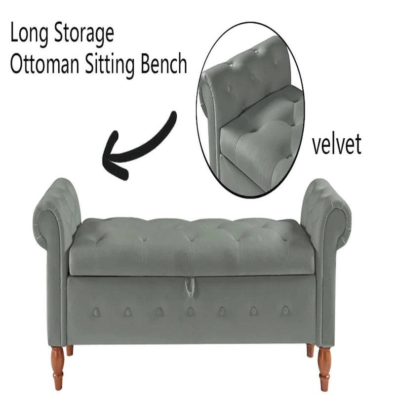 Banc de rangement capitonné 63 pouces, grand banc de rangement ottoman touffeté avec boutons pour le bout du lit de chambre, banc avec accoudoirs roulés