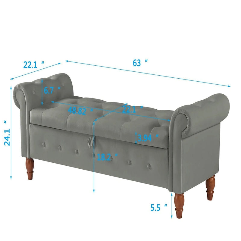 Banc de rangement capitonné 63 pouces, grand banc de rangement ottoman touffeté avec boutons pour le bout du lit de chambre, banc avec accoudoirs roulés