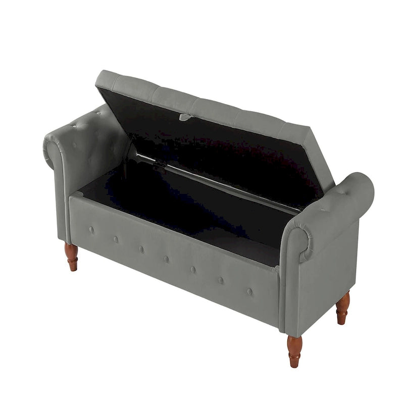 Banc de rangement capitonné 63 pouces, grand banc de rangement ottoman touffeté avec boutons pour le bout du lit de chambre, banc avec accoudoirs roulés