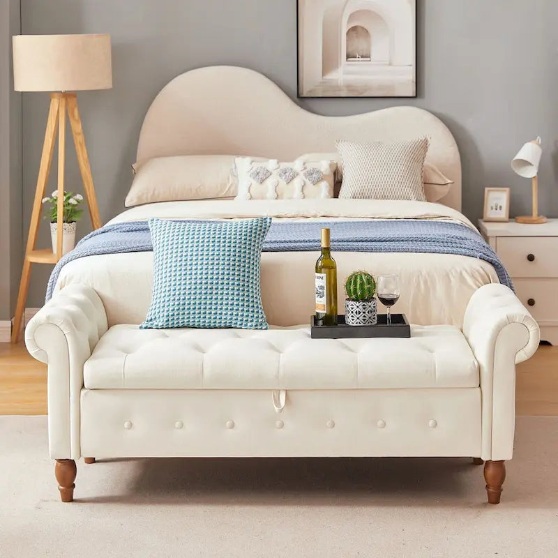 Banc de rangement capitonné 63 pouces, grand banc de rangement ottoman touffeté avec boutons pour le bout du lit de chambre, banc avec accoudoirs roulés