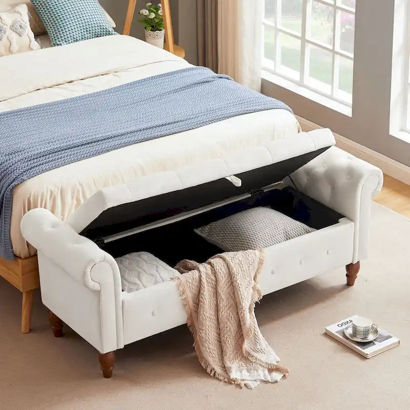 Banc de rangement capitonné 63 pouces, grand banc de rangement ottoman touffeté avec boutons pour le bout du lit de chambre, banc avec accoudoirs roulés