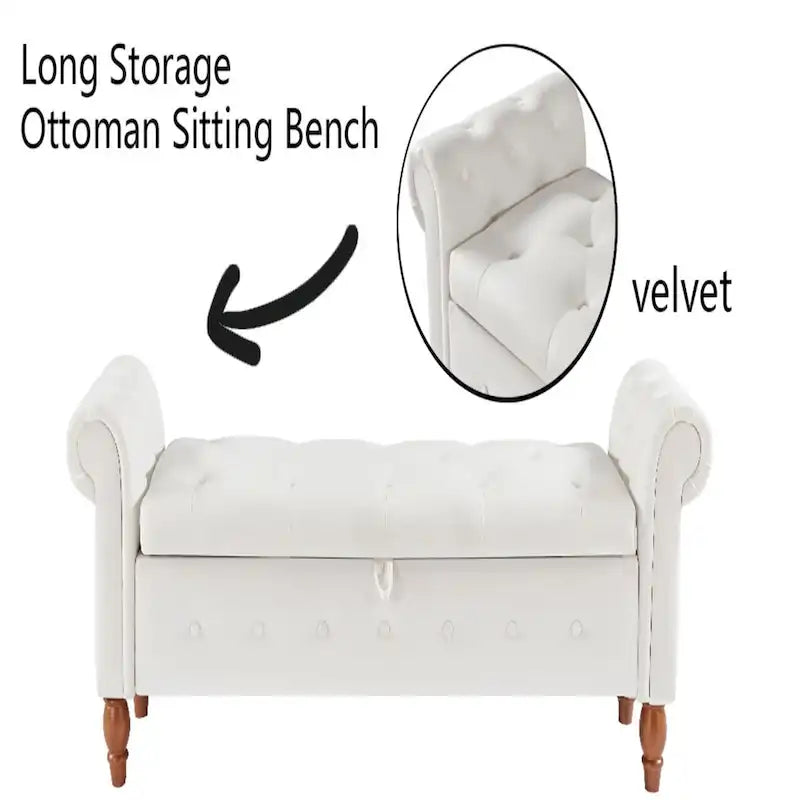 Banc de rangement capitonné 63 pouces, grand banc de rangement ottoman touffeté avec boutons pour le bout du lit de chambre, banc avec accoudoirs roulés