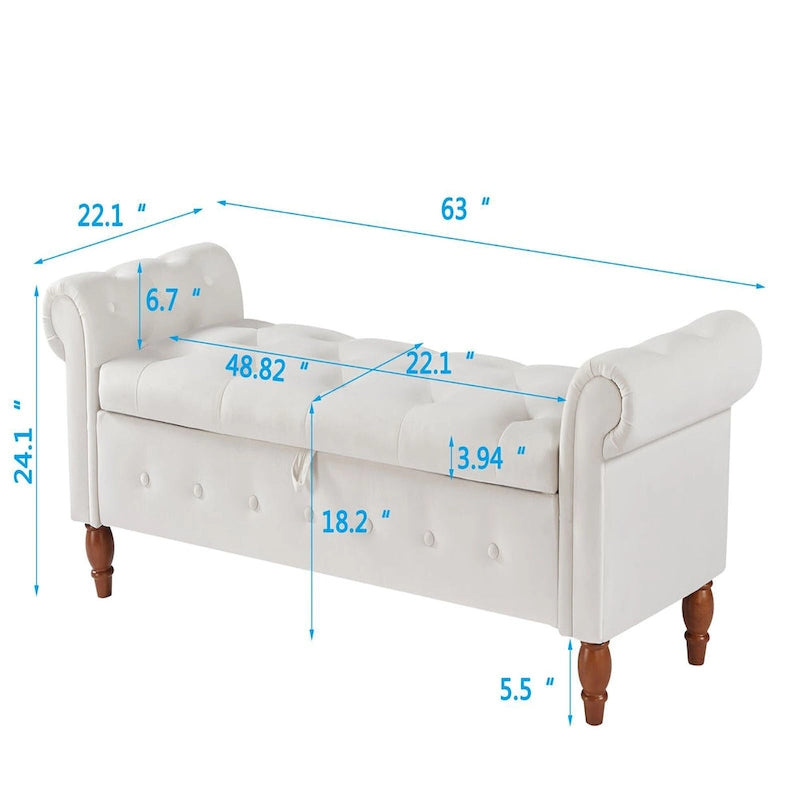 Banc de rangement capitonné 63 pouces, grand banc de rangement ottoman touffeté avec boutons pour le bout du lit de chambre, banc avec accoudoirs roulés