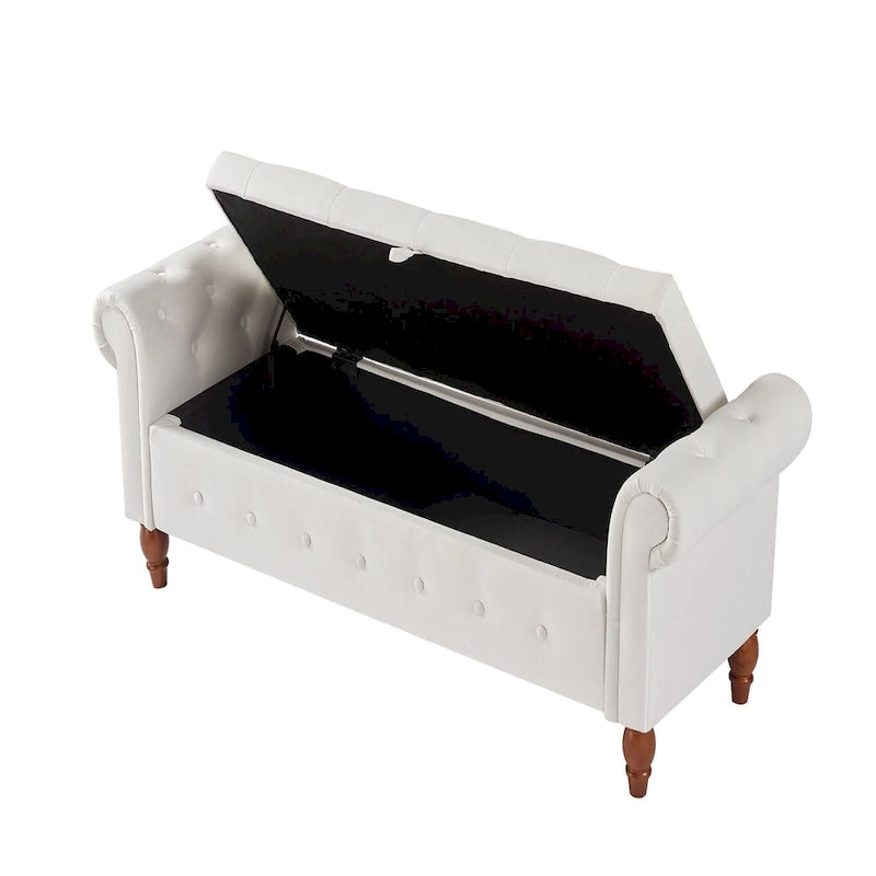 Banc de rangement capitonné 63 pouces, grand banc de rangement ottoman touffeté avec boutons pour le bout du lit de chambre, banc avec accoudoirs roulés