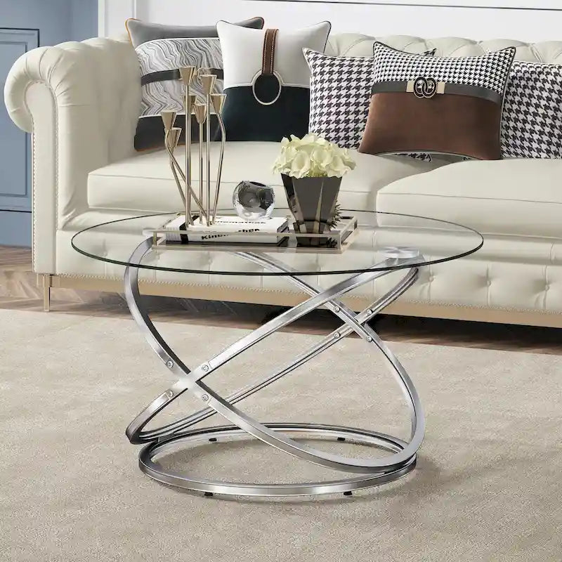 Table basse Accent avec dessus en verre et en pierre et base en métal