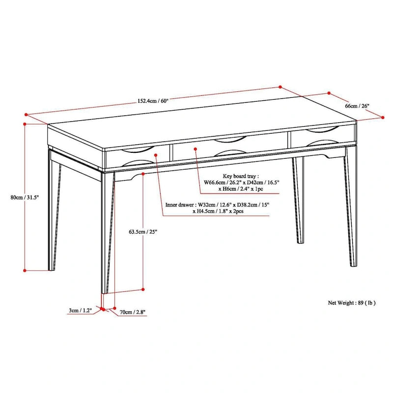 Bureau d'écriture de bureau moderne du milieu du siècle en bois massif, 60 pouces de large