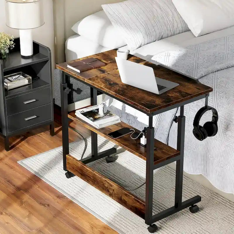 Bureau d'ordinateur portable réglable en hauteur avec roulettes et station de charge