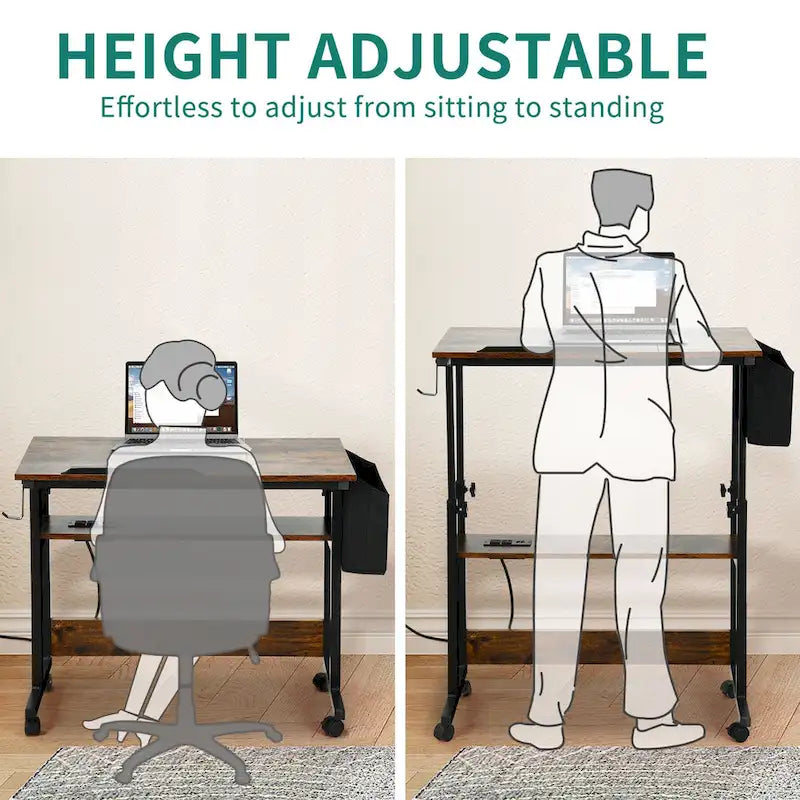 Bureau d'ordinateur portable réglable en hauteur avec roulettes et station de charge
