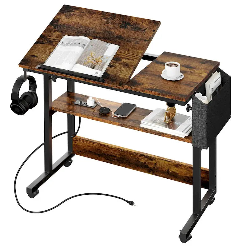 Bureau d'ordinateur portable réglable en hauteur avec roulettes et station de charge