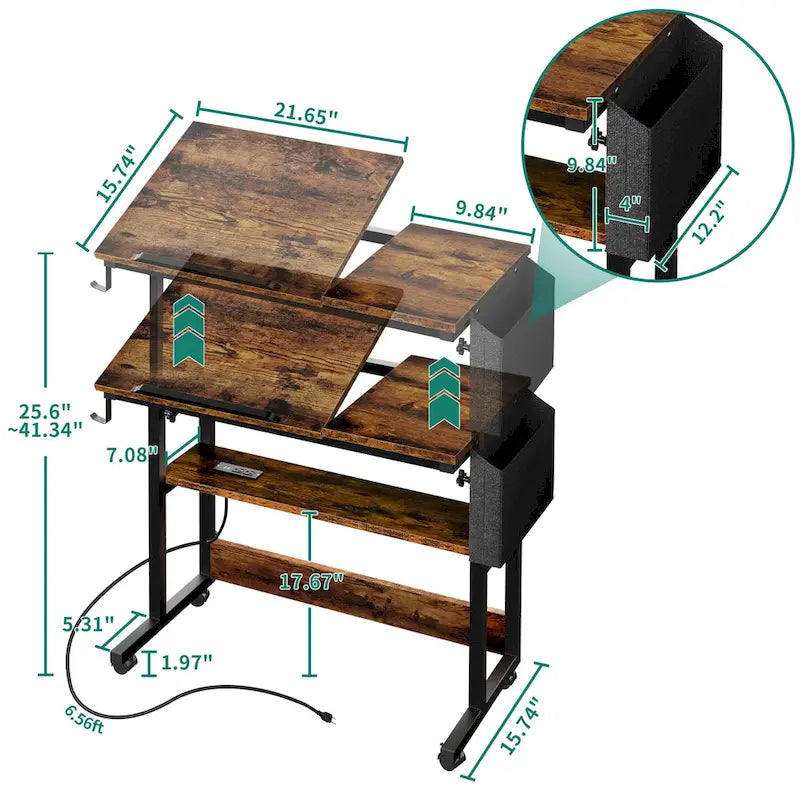 Bureau d'ordinateur portable réglable en hauteur avec roulettes et station de charge