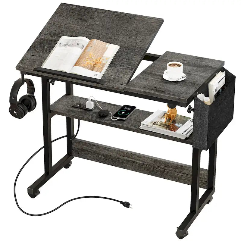 Bureau d'ordinateur portable réglable en hauteur avec roulettes et station de charge