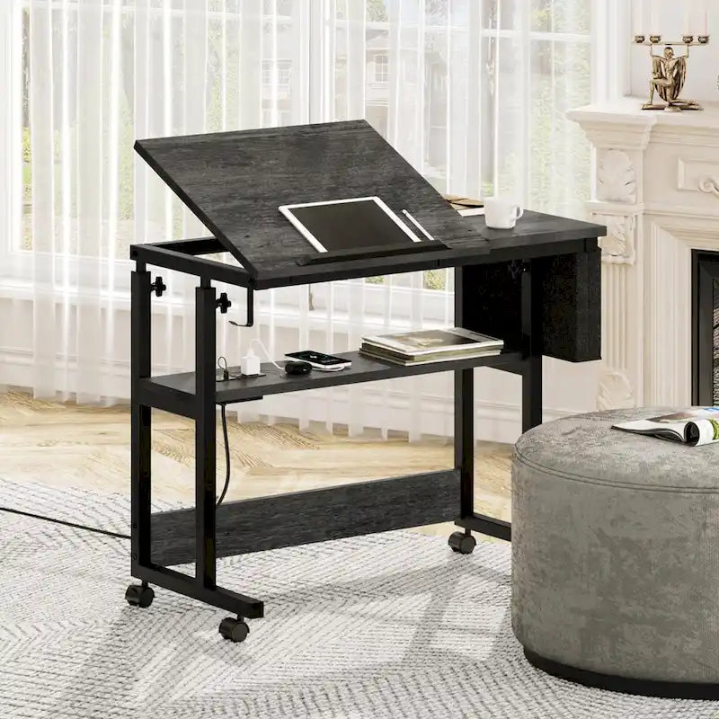 Bureau d'ordinateur portable réglable en hauteur avec roulettes et station de charge