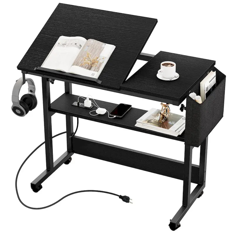 Bureau d'ordinateur portable réglable en hauteur avec roulettes et station de charge