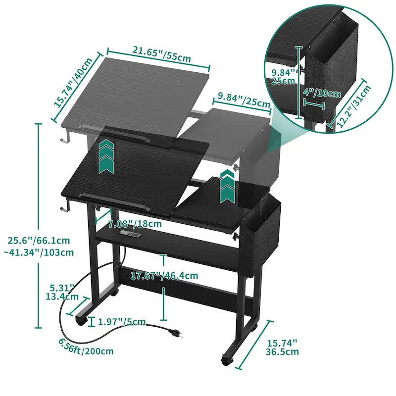 Bureau d'ordinateur portable réglable en hauteur avec roulettes et station de charge