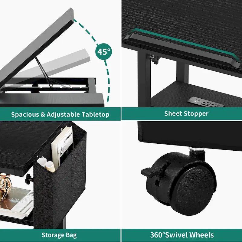 Bureau d'ordinateur portable réglable en hauteur avec roulettes et station de charge