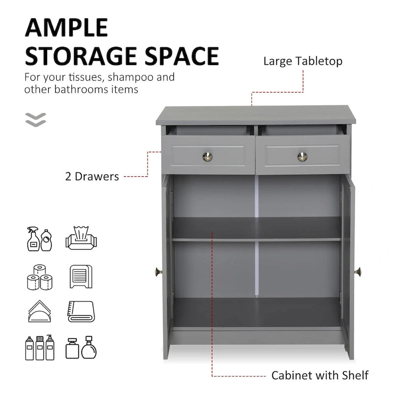 Meuble de rangement de salle de bain autoportant avec 2 portes, 2 tiroirs et étagère réglable, Gris