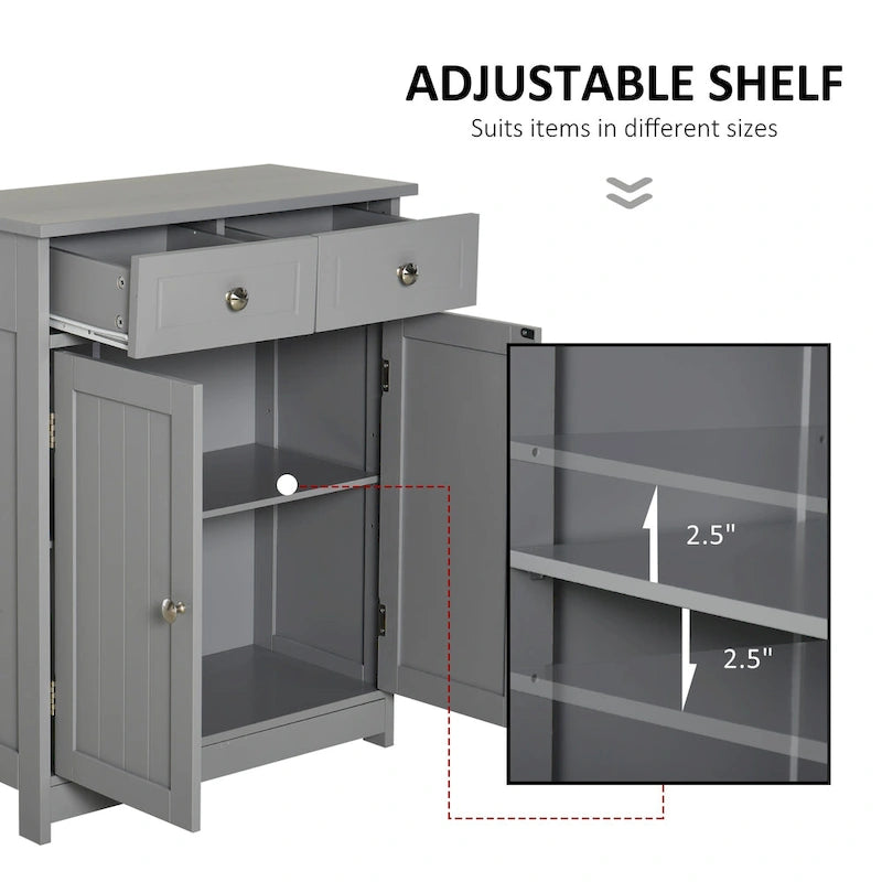 Meuble de rangement de salle de bain autoportant avec 2 portes, 2 tiroirs et étagère réglable, Gris