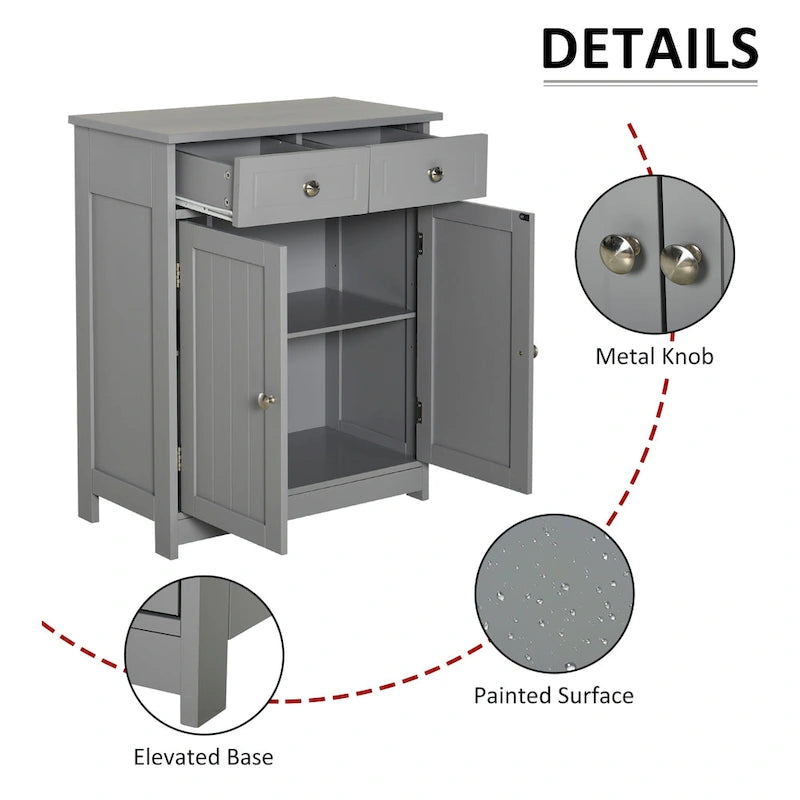 Meuble de rangement de salle de bain autoportant avec 2 portes, 2 tiroirs et étagère réglable, Gris