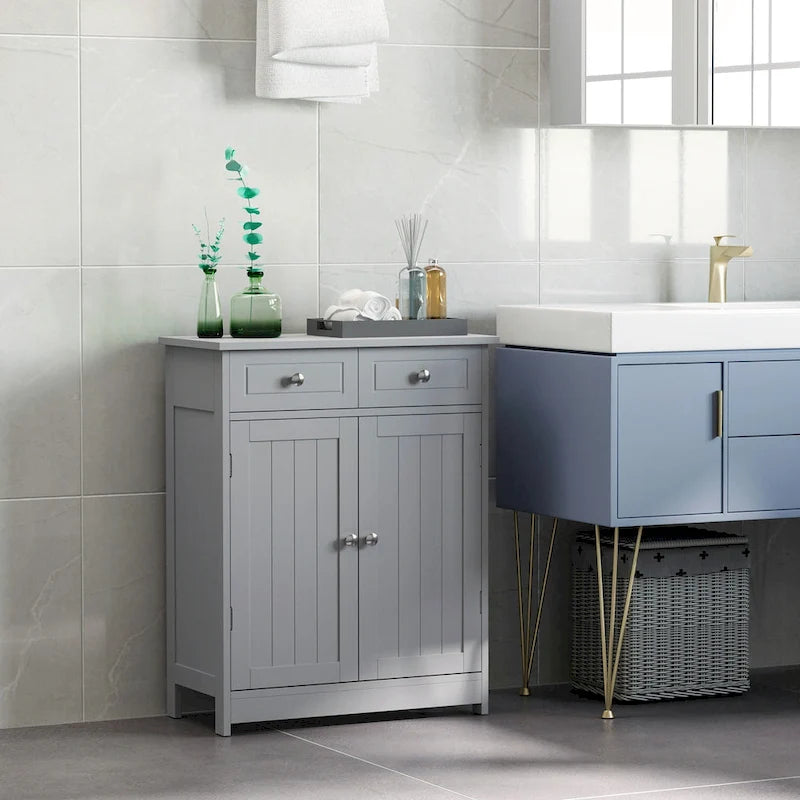 Meuble de rangement de salle de bain autoportant avec 2 portes, 2 tiroirs et étagère réglable, Gris
