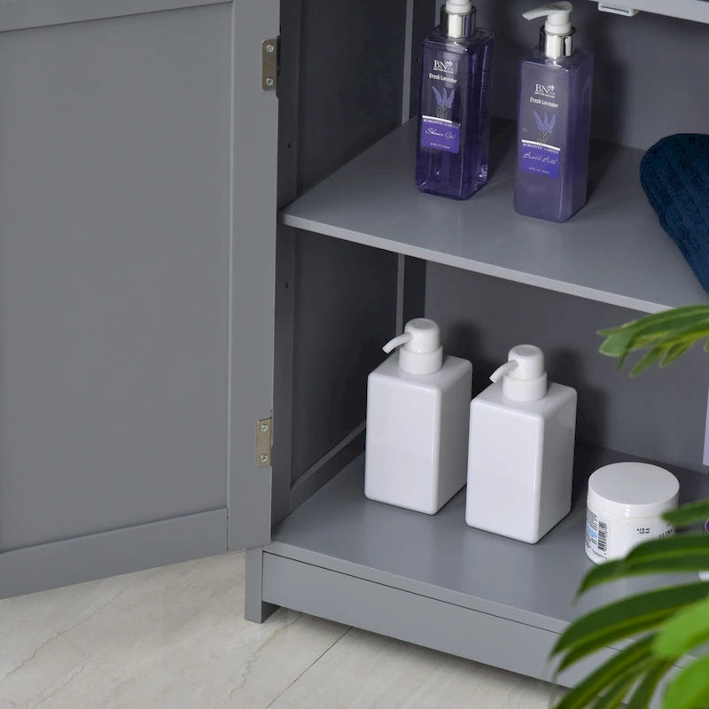 Meuble de rangement de salle de bain autoportant avec 2 portes, 2 tiroirs et étagère réglable, Gris