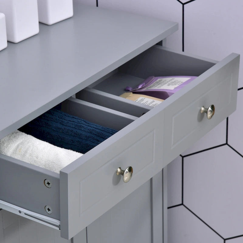 Meuble de rangement de salle de bain autoportant avec 2 portes, 2 tiroirs et étagère réglable, Gris