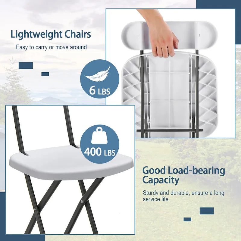 Chaise pliante avec pieds incurvés en métal, assise large et dossier ergonomique