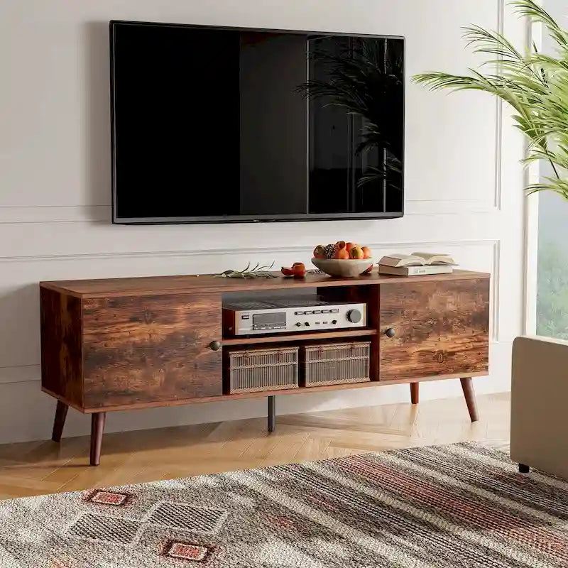Meuble TV, Meuble TV moderne du milieu du siècle pour téléviseur de 55/60 pouces, Meuble TV de style ferme, Meuble de rangement pour salon