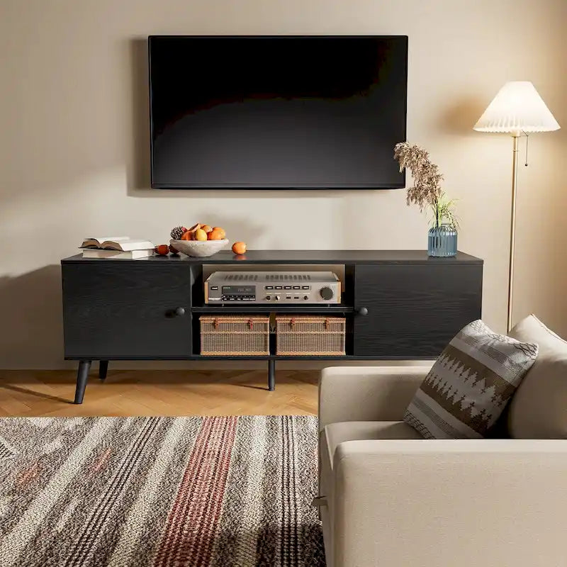 Meuble TV, Meuble TV moderne du milieu du siècle pour téléviseur de 55/60 pouces, Meuble TV de style ferme, Meuble de rangement pour salon