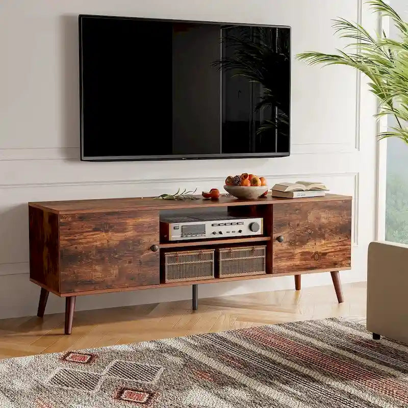 Meuble TV, Meuble TV moderne du milieu du siècle pour téléviseur de 55/60 pouces, Meuble TV de style ferme, Meuble de rangement pour salon