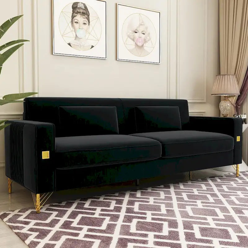 Canapé deux places moderne en velours capitonné avec coussins et oreillers amovibles - 85,63 po P x 30,31 po L x 30,51 po H